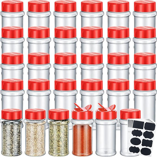Eccliy 36 Pack 3 oz Clear Plastic Spice Jars with Label and Shaker Lids Empty Spice Bottles Seasoning Containers Seasoning Jars Shaker Condiment Pots for Pepper Herbs Powders(Red)