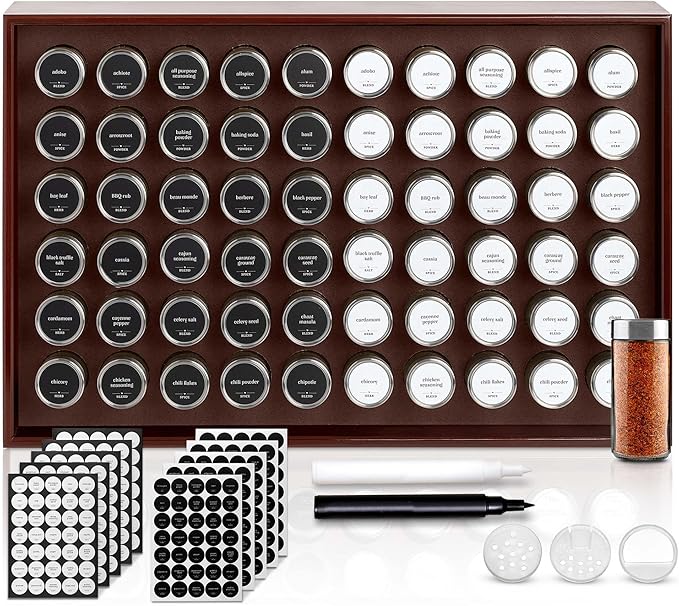 BOURBON & BARREL Wooden Spice Rack Organizer with Glass Jars | Stainless Steel Lids | Bamboo Countertop Spice Organization | 350 Waterproof Spice Labels | 2 Chalk Markers | 60 4oz Jars [Cherry]