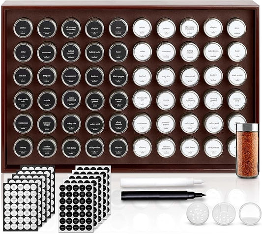 BOURBON & BARREL Wooden Spice Rack Organizer with Glass Jars | Stainless Steel Lids | Bamboo Countertop Spice Organization | 350 Waterproof Spice Labels | 2 Chalk Markers | 60 4oz Jars [Cherry]