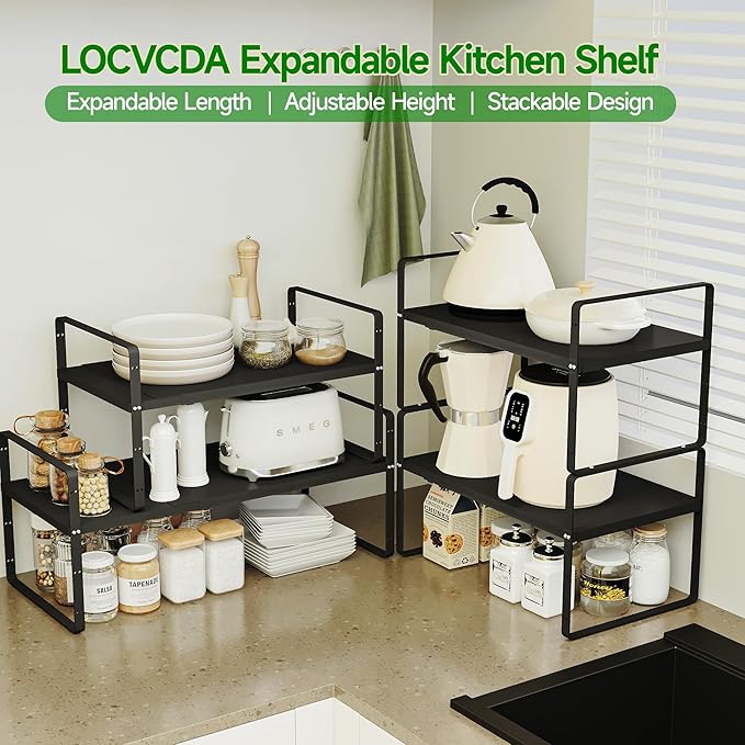 Expandable Cabinet Organizer Shelf, Adjustable Height Organizer Riser for Kitchen Cabinet Spice Rack Locker Pantry Cupboard Under Sink Countertop Desk Organization Metal Stackable Shelves