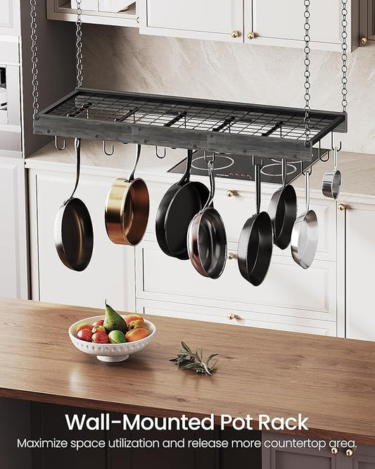 Hanging Pot Rack, 35.4" L x 13" W Ceiling Pot Hanger, Industrial Style Pot Rack, Wall Mounted Pot Hanger for Kitchen, Pot and Pan Hanging Rack, with Hooks, Charcoal Black and Black TPR12BCC1