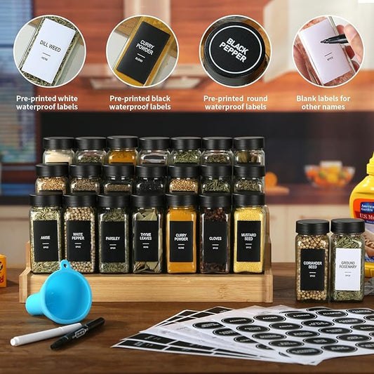 48 Glass Spice Jars with Labels,Spice Jar Set,4oz Seasoning Containers,Spice Containers with Black Airtight Lids and Shaker Lids,Square Empty Spice Bottles, 492 Labels,2 Marker Pens,1 Funnel