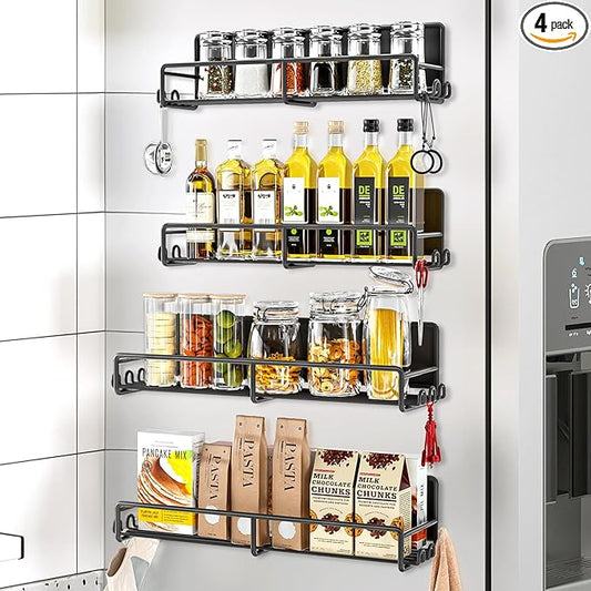Magnetic Spice Rack for Refrigerator, 4 Pack Magnetic Fridge Shelf with Hooks, Spice Organizer Shelf for Kitchen Organization and Storage, Seasoning Organizer Gadgets for Metal Surface