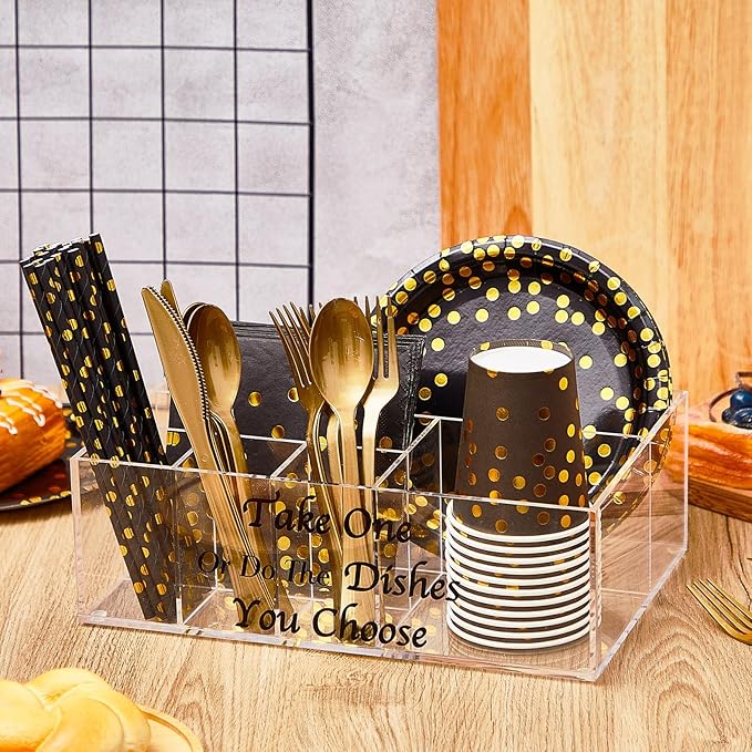 Hushee Utensil Holder Silverware Caddy Acrylic Paper Plate Dispenser Holders for Napkins Flatware Spoon Fork Knife with 6 Compartments for Party Camping Picnic(Funny)
