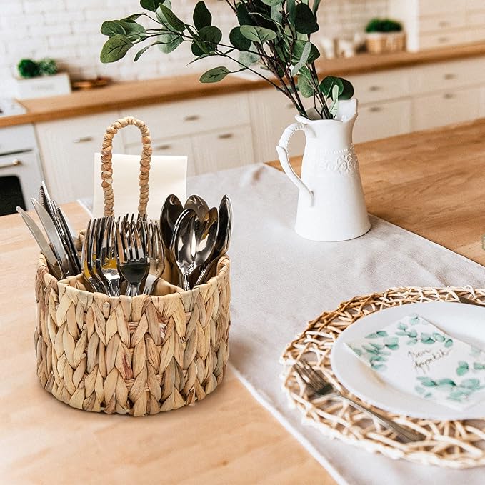 Hiceeden 2 Pack Utensil Caddy with Handle for Countertop, Water Hyacinth Silverware Caddy Holder Organizer for Party, Hand Woven Flatware Cutlery Caddy for Picnic