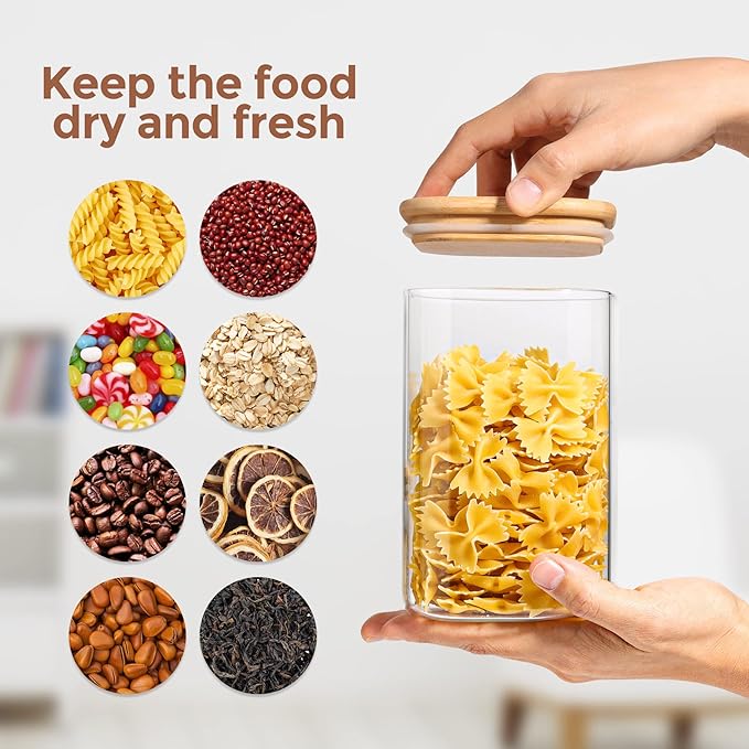 ComSaf Glass Storage Containers with Lids, 37fl.oz Glass Jars with Lids, Clear Food Storage Jar, Glass Canister for Pantry Cookie Flour Cereal Rice Sugar Tea Coffee Beans Spice, Square Set of 4