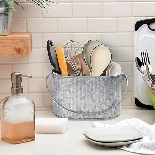 CLEENTABLE Metal Utensil Caddy - Silverware Caddy for Countertop & Parties, Farmhouse Paper Plate & Flatware Holder, Galvanized Kitchen Basket for Picnic & Dining (Grey, 10 Inches)