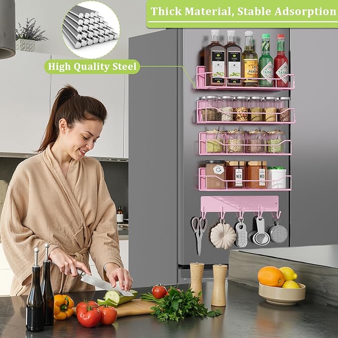 Magnetic Spice Rack for Refrigerator, 5 Pack Metal Strong Magnet Spice Organizer Shelves with Hook Rack, Space Saving Magnetic Fridge Shelf for Home Kitchen Organization and Storage (Pink)