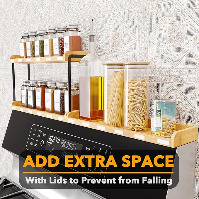 SpaceAid 30" Wide Kitchen Shelf Organizer for Stove, Magnetic Bamboo Spices Shelf for Home Stove Kitchen Storage Organization (Fit for Flat Top Only, 2-Tier)