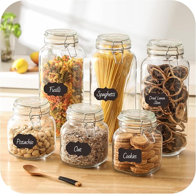 VITEVER [ Taller ] 92oz Glass Jars with Airtight Lid, Large Glass Food Storage Jars, 3 Pack Wide Mouth Airtight Glass Jars for Kitchen Pantry Spaghetti, Square Mason Jars with Labels