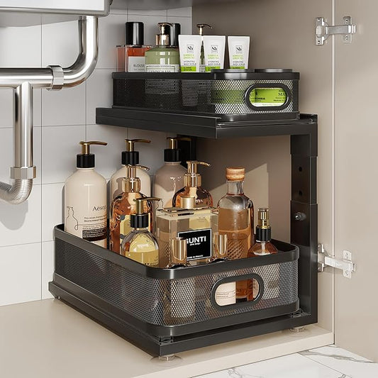 1 Pack 15.5IN-Depth Under Sink Organizer With Next-Gen Ball-Bearing Slides,2-Tier Precision Mesh Pull Out Cabinet Storage for Bathroom&Kitchen,Height Adjustable Drawers Shelf,Anti-rust-Black