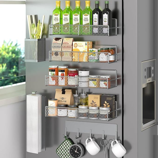Grey Metal Spice Rack for Refrigerator - 7 Pack Moveable Organizer with Hook Rack, Paper Towel Holder, Strong Magnetic Storage
