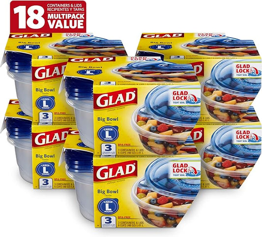 Glad Big Bowl Food Storage Containers, Large Round - (48 Oz) - 3 Count, Standard