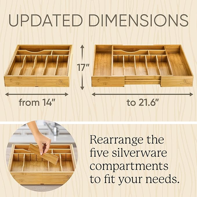 Night Tree Deep Bamboo Drawer Organizer – Expandable Utensil and Silverware Tray for Kitchen Cutlery and Flatware, Large Size (21.6" or 13.7" x 17" x 2.5")