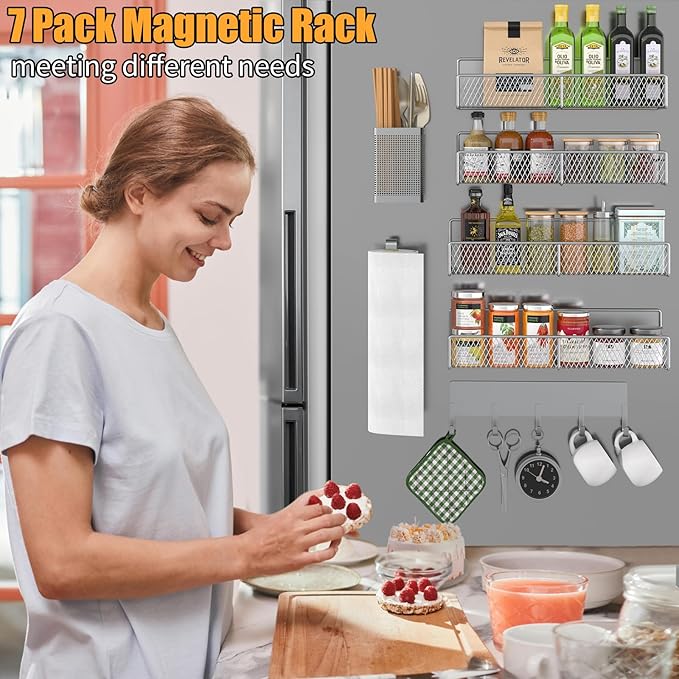 Grey Metal Spice Rack for Refrigerator - 7 Pack Moveable Organizer with Hook Rack, Paper Towel Holder, Strong Magnetic Storage