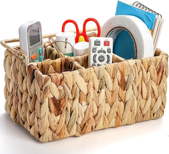 Wicker Flatware Organizer, Woven Divided Utensil Caddy, Water Hyacinth Cutlery Holder, Picnic Silverware Flatware Storage Basket Carrier with Handle for Countertop, Forks, Knives, Spoons
