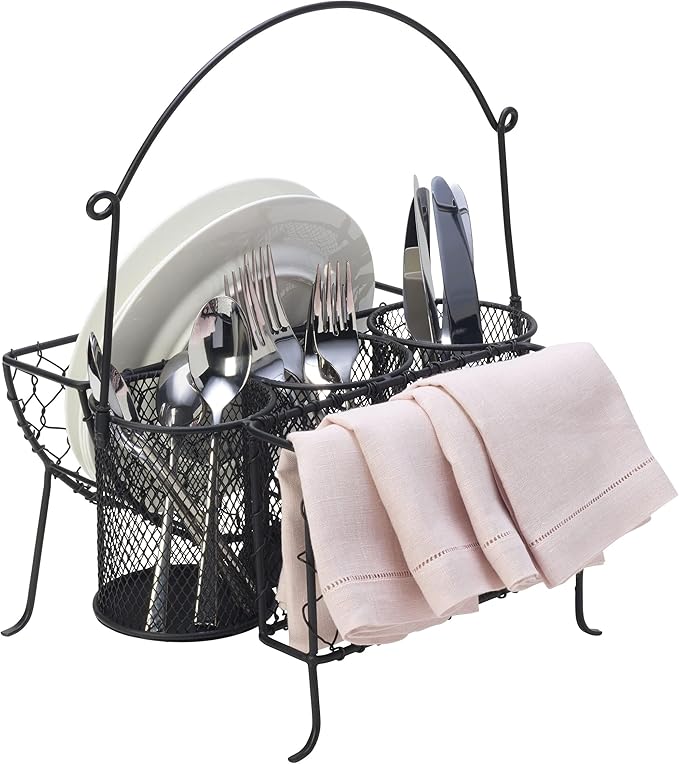 Mikasa Gourmet Basics Farmer's Market Picnic Caddy - Expandable Flatware Organizer - Iron Wire Frame with Compartments - Portable Silverware Drawer Organizer with Handle for Easy Carrying