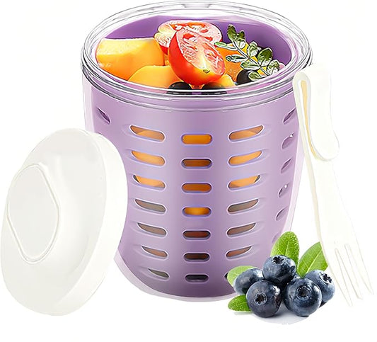 20oz Fruit Salad Storage Cup with Lids and Fork, Reusable Plastic Fruit Storage Containers for fridge with Drain Baskets, BPA-Free & Leak-Proof, Keep Fruits, Vegetables Fresh Longer (Purple)