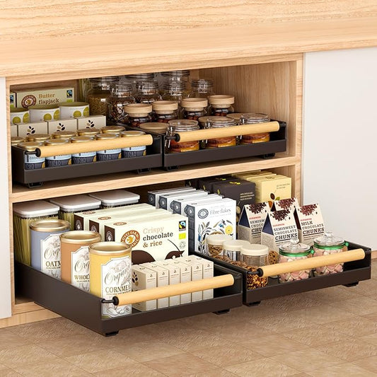 Pull out Cabinet Organizer, 16" Deep Pull Out Drawer for Kitchen Cabinets Adhesive with Nano Film, Slide out Cabinet Organizer Shelf for Pantry Bathroom Organization Black
