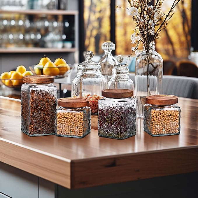 Suclain 5 Pcs Sunflower Vintage Glass Jars with Bamboo Lid 17/24/34 oz Glass Food Containers Storage for Kitchen Counter Pantry Sugar Flour Coffee Tea Candy Oats Cereal