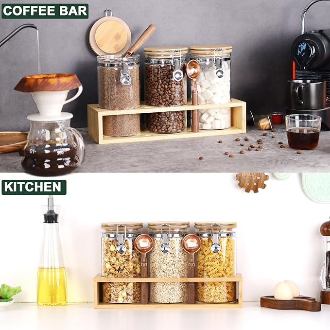 KKC Airtight Borosilicate Glass Coffee Beans, Loose Leaf Tea & Sugar Containers with Bamboo Lids & Scoops,Rack, Labels - Cocoa,Matcha, Kitchen Pantry Organization - 40 Fl.Oz