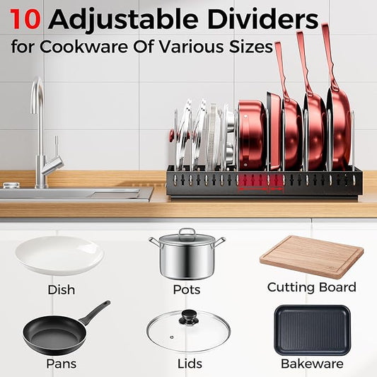 Pull Out Pots and Pans Organizer Under Cabinet, 20” Deep Pot Lid Rack with 10 Adjustable Dividers, No Drill Slide Out Inside Shelves Storage for Kitchen Cutting Board Bakeware Cookware Dishes