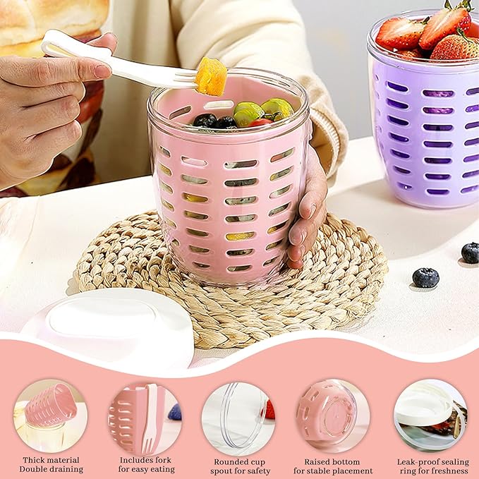 20oz Fruit Salad Storage Cup with Lids and Fork, Reusable Plastic Fruit Storage Containers for fridge with Drain Baskets, BPA-Free & Leak-Proof, Keep Fruits, Vegetables Fresh Longer (Pink)