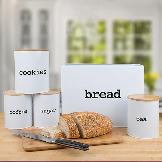 Airtight Metal Canister Set for the Kitchen w Lids and Cutting Board and Lids (10pc Set) - Organize Tea, Sugar, Coffee, Cookie Jar, Snacks, Breadbox with Ease - Kitchen Gift for the Cooking Enthusiast