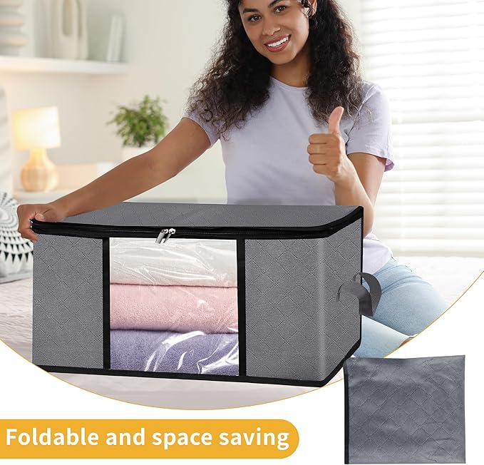 2 Pack Clothes Organizer Storage Bags with Zipper, 45L Foldable Blanket Storage Box with Clear Window Sturdy Handles for Closet, Dorm, Pillows, Bedding, Sweater, Clothing, Gray