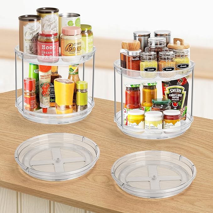 2pcs 2-Tier Lazy Susan Turntable Organizer, 9.2'' Spice Rack for Cabinet, Rotating Medicine Cabinet Organizer for Condiment, Pill Bottle, Kitchen Pantry, Countertop, Bathroom, Makeup Organizer