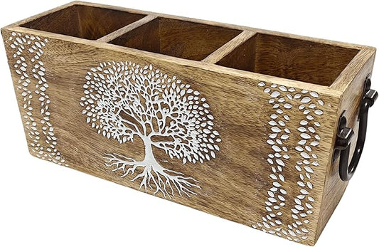 VANIYA CRAFTSR® Handmade Wooden Carved Design Compartments Cutlery Utensil Holder For Napkins, Spoons, Forks, Tissues, Knife Natural finish (Natural White 6)