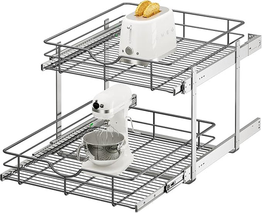 ALINE FURNITURE 2-Tier Pull Out Cabinet Organizer - 20" W x 22" D Soft Close Pullout Shelves for Kitchen Cabinets - Slide Out Drawers, Heavy Duty Steel Wire