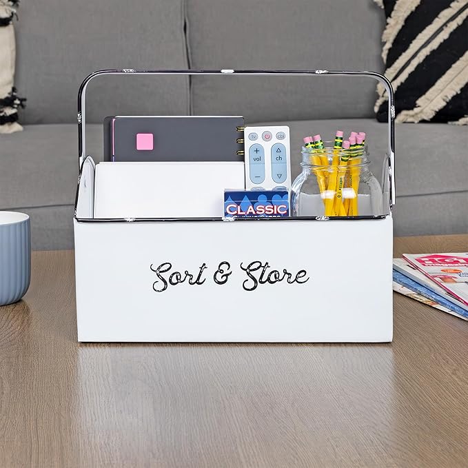 AuldHome Design Enamelware Rustic Caddy w/Handle, Distressed White Farmhouse Sort and Store Carryall