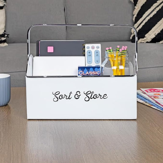 AuldHome Design Enamelware Rustic Caddy w/Handle, Distressed White Farmhouse Sort and Store Carryall