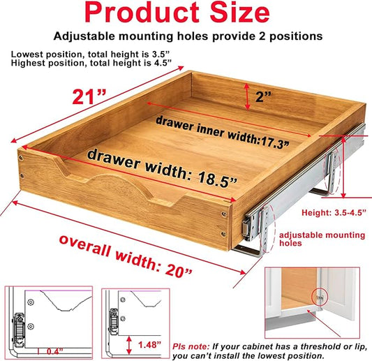 DINDON 1 Tier Pull Out Cabinet Organizer (20" W x 21" D) Single Tier Heavy Duty Slide Out Wood Drawer Under Sink Shelf Organization Storage
