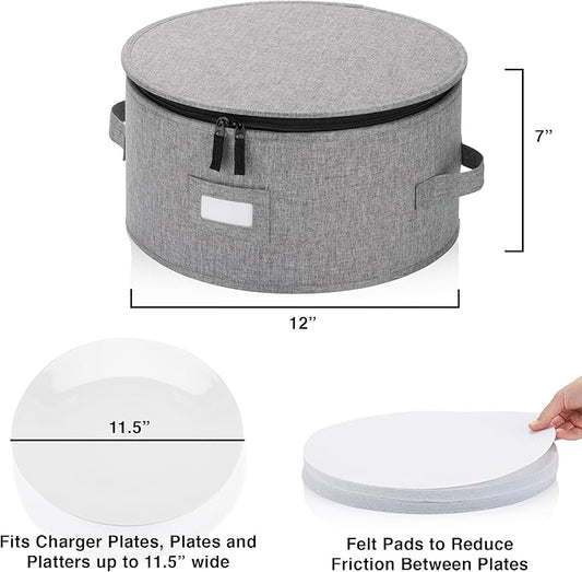 China Storage Container for Dinner Plate - Fit plates up to 11.5" W - Includes 12 Thick Felt Dividers. Hard Shell and Stackable with Padded Interior