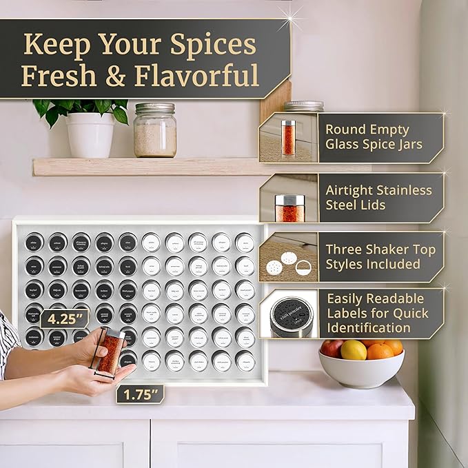 BOURBON & BARREL Wooden Spice Rack Organizer with Glass Jars | Stainless Steel Lids | Bamboo Countertop Spice Organization | 350 Waterproof Spice Labels | 2 Chalk Markers | 60 4oz Jars [White]