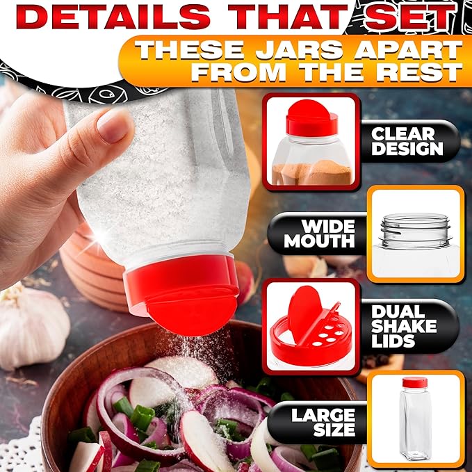 2Pcs Seasoning Containers with Dual Shake Lids – 32oz Kitchen Storage Jars for Herbs, Spices and Dry Goods, Transparent Design with Wide Mouth for Easy Filling, Durable Odor-Resistant Plastic Material