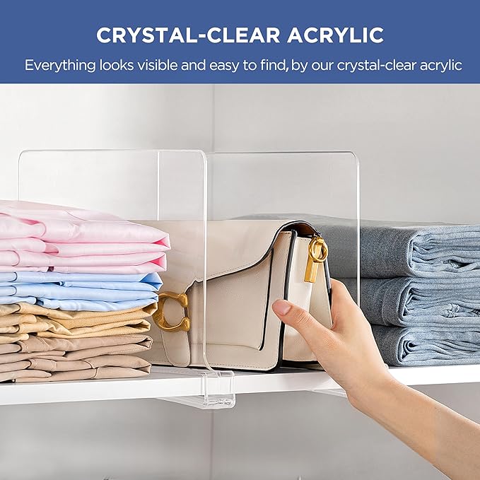 8 Pack 12 Inches [Extra Tall Version] Clear Shelf Dividers for Organization, Acrylic Closet Shelf Vertical Shelves Organizer for Bedroom, Kitchen and Office
