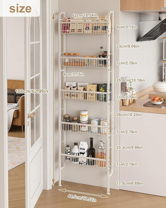 UMDONX Behind The Door Bathroom Shelf Narrow 5-Tier, Space-Saving Slim Storage Shelf Narrow Shelving Unit for Bathroom and Kitchen White