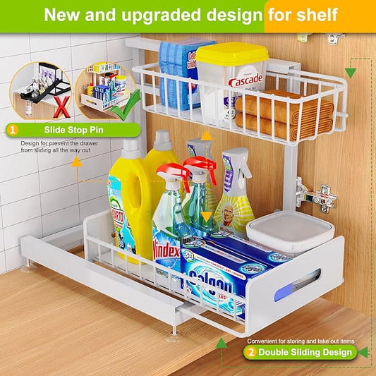 Under Sink Organizer,Pull Out Cabinet Organizer 2 Tier Slide Out Sink Shelf Cabinet Organizer and Storage,Adjustable Metal Under Counter Organizer for Kitchen Bathroom Organization White