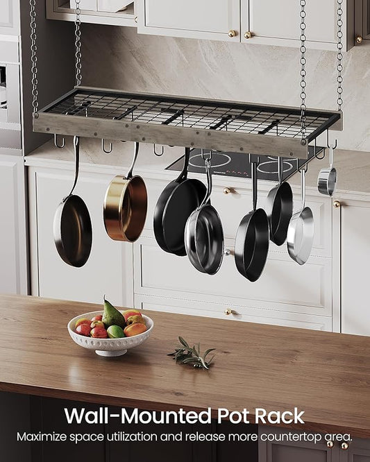 Hanging Pot Rack, Ceiling Wall Mounted Pot Rack for Kitchen, Industrial Style Pot Hanger with 18 Hooks, Cookware Storage Organizer, for Pots and Pans, Greige and Black TPR12BGC1