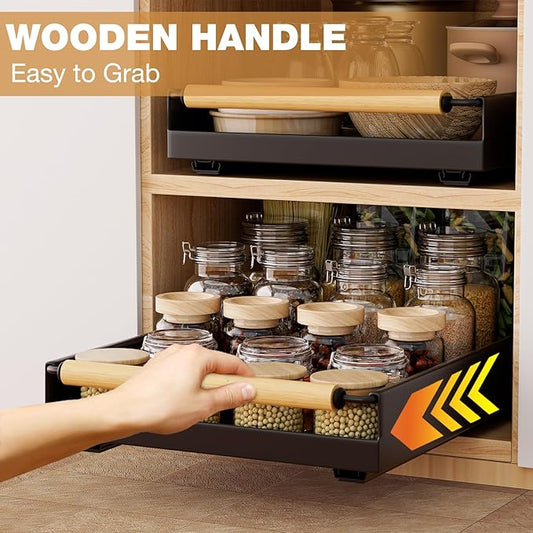 Pull out Cabinet Organizer, 16" Deep Pull Out Drawer for Kitchen Cabinets Adhesive with Nano Film, Slide out Cabinet Organizer Shelf for Pantry Bathroom Organization Black