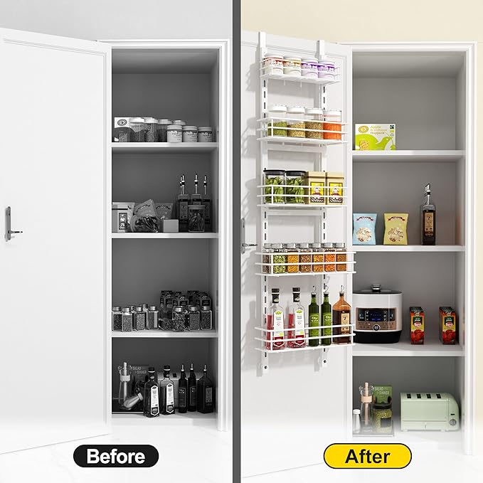Thideewiz 12 Inches Wide Pantry Door Organizer, 5 Tier Adjustable Hanging Over the Door Spice Rack, Spice Organizer for Pantry Door, Spice Shelf for Kitchen Organizers and Storage (White)