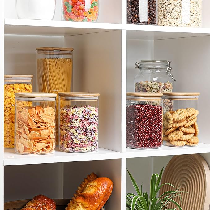 ComSaf Glass Storage Containers with Lids, 37fl.oz Glass Jars with Lids, Clear Food Storage Jar, Glass Canister for Pantry Cookie Flour Cereal Rice Sugar Tea Coffee Beans Spice, Square Set of 4