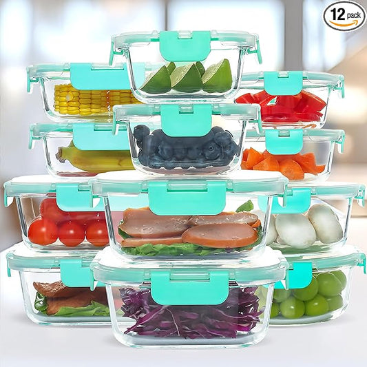 UMEIED 12 PACK Glass Food Storage Containers with Leak Proof Lids, Glass Airtight Meal Prep Containers Set for Lunch, On the Go, Leftover, Kitchen Pantry Organizers and Storage (Mint Green)