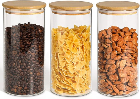 ComSaf Airtight Glass Storage Canister with Wood Lid(44oz), Set of 3 Glass Jars with Lids, Clear Food Storage Container Jar with Sealing Lids for Dry Food Cereal Oat Sugar Tea Coffee Beans, Round