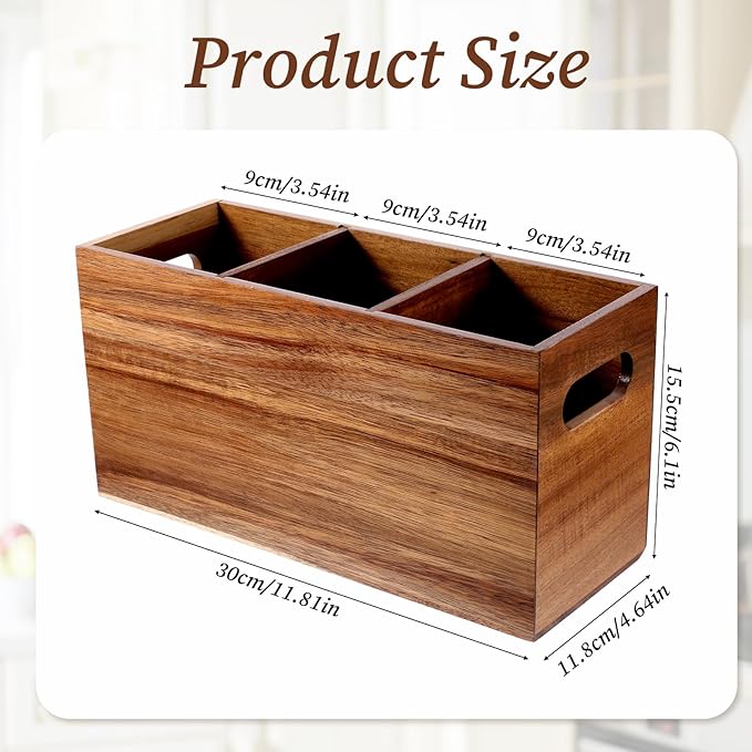 Wooden Utensil Holder, 3 Compartment Spatula Holder Natural Acacia Wood Silverware Organizer Large Boho Rustic Cooking Tool Caddy for Farmhouse Kitchen Counter Decor and Storage Spoons