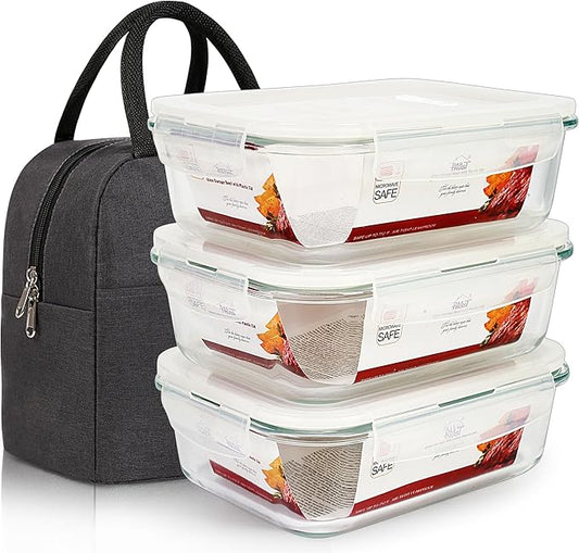 DAS TRUST 3 Pack Glass Food Storage Container Meal Prep Containers Reusable Fridge Organizers Lunch Container for Adults Food Storage Containers
