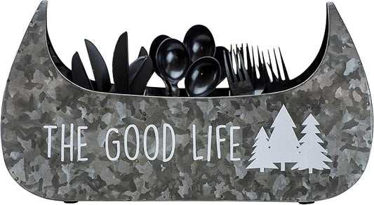 Boston Warehouse 55169 Canoe Shaped Galvanized Metal Flatware Caddy, 14 Inch, The Good Life